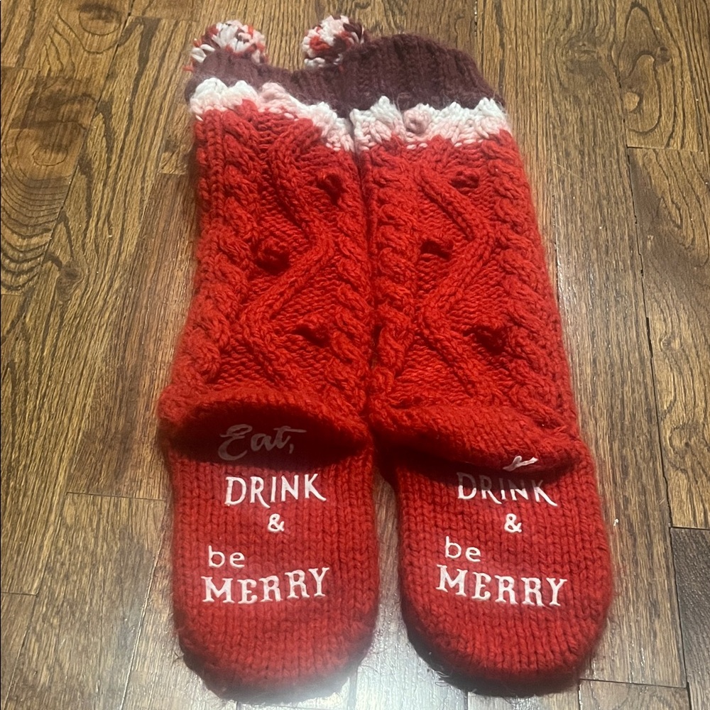 Red Holiday Knit Stockings Eat Drink & Be Merry!